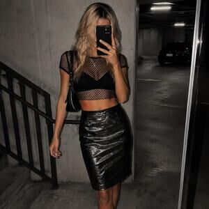 Vintage Genuine Leather Pencil Skirt Black Metallic High Waist M